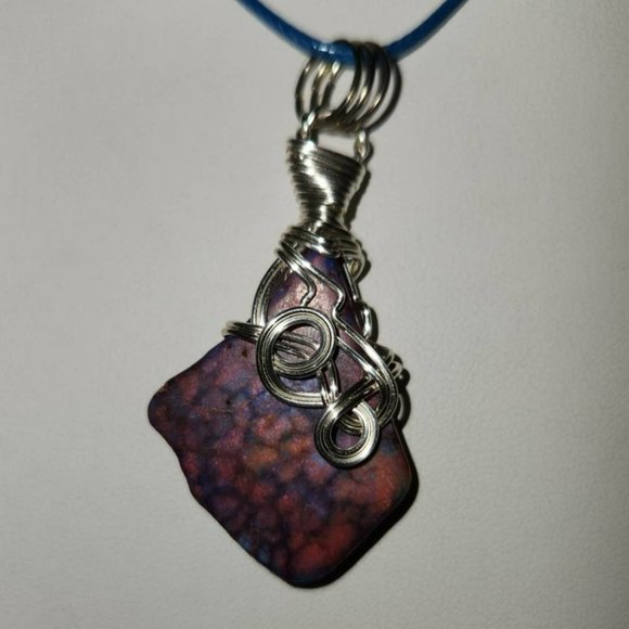 Artisan Wire Wrapped Silver Necklace with Pink and Purple Stone on Blue Cord wit - Picture 4 of 7